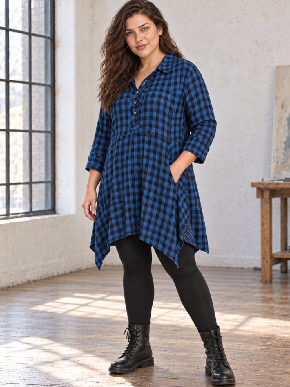 Lagenlook Blue Black Gingham Tunic XL Handkerchief Hem Cotton Punch Clothing